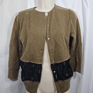 Vintage Material Claudette Size Medium Olive and Black Lace Upcycled Cardigan